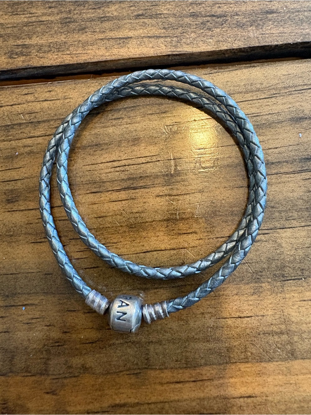 Pandora Metallic Silver Gray Braided Leather Double Wrap Bracelet